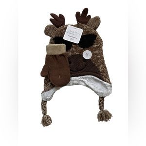 First Steps Hat Mittens 2 Piece Set Toddler 2T-4T Reindeer Lined Brown New
